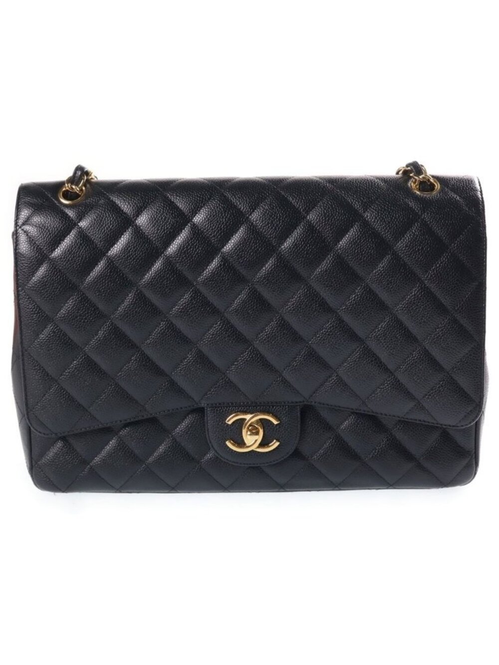Chanel Maxi Quilted Double Flap Chain Shoulder Bag Black Caviar Leather Gold